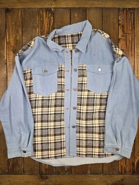 Light Blue Denim & Plaid Mixed Jean Shacket